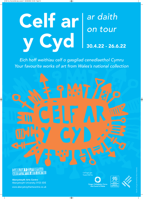 Image which includes details of Celf ar y Cyd tour as well as a splash of paint with 'Celf ar y Cyd' written within it.