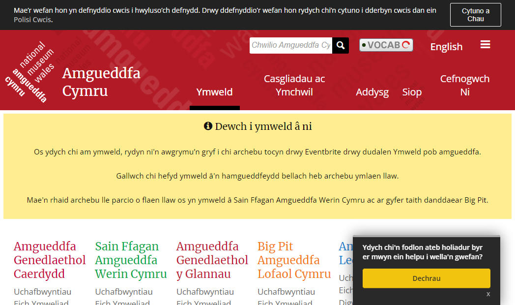 Website screenshot showing Welsh feedback pop-up