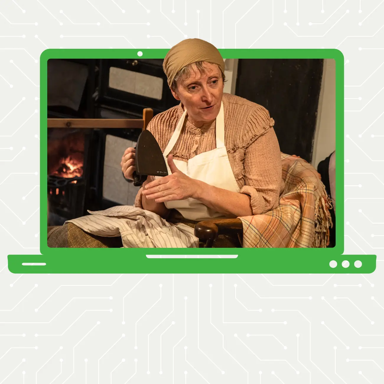 A woman in a headscarf holding an iron