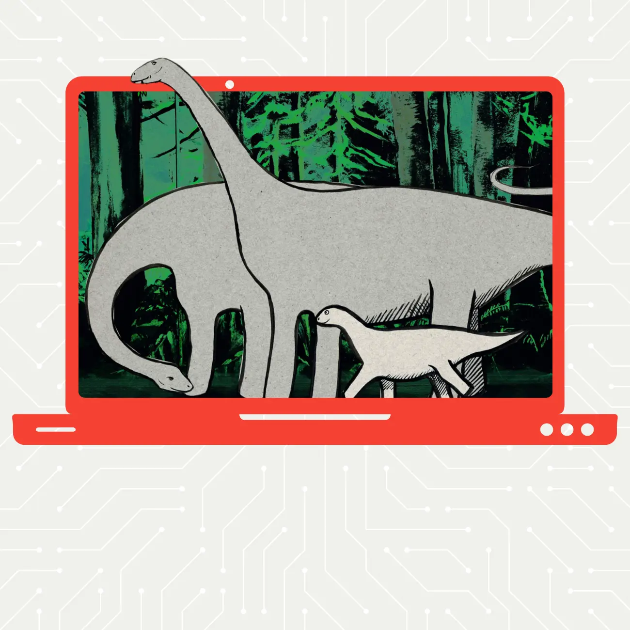 Illustration of a baby dinosaur with his parents with a leafy green background