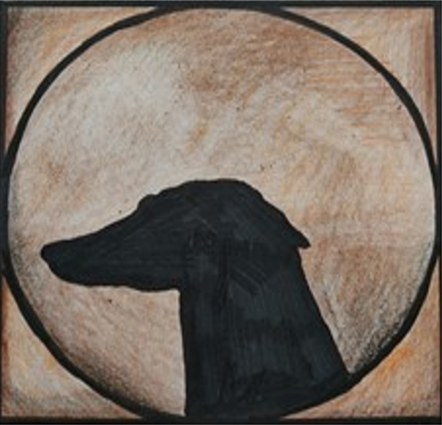Drawing of a greyhound type dog in silhouette