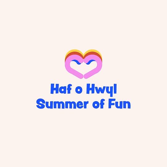 This is a logo with 'Haf o Hwyl, Summer of Fun' written in blue on a cream background, above the text there are three heart outlines stacked on top of each other, the first one is pink followed by red and yellow