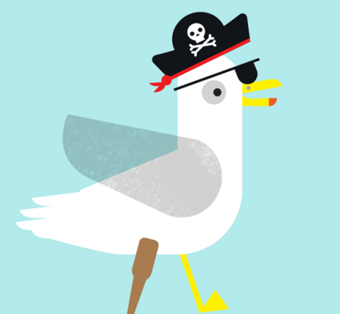 A cartoon seagull dressed in a pirate hat and eye patch.