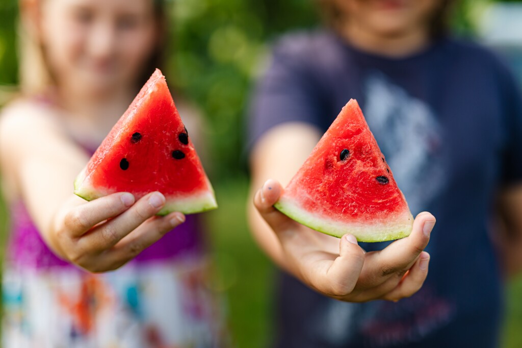 Two people holding slices of watermelon 