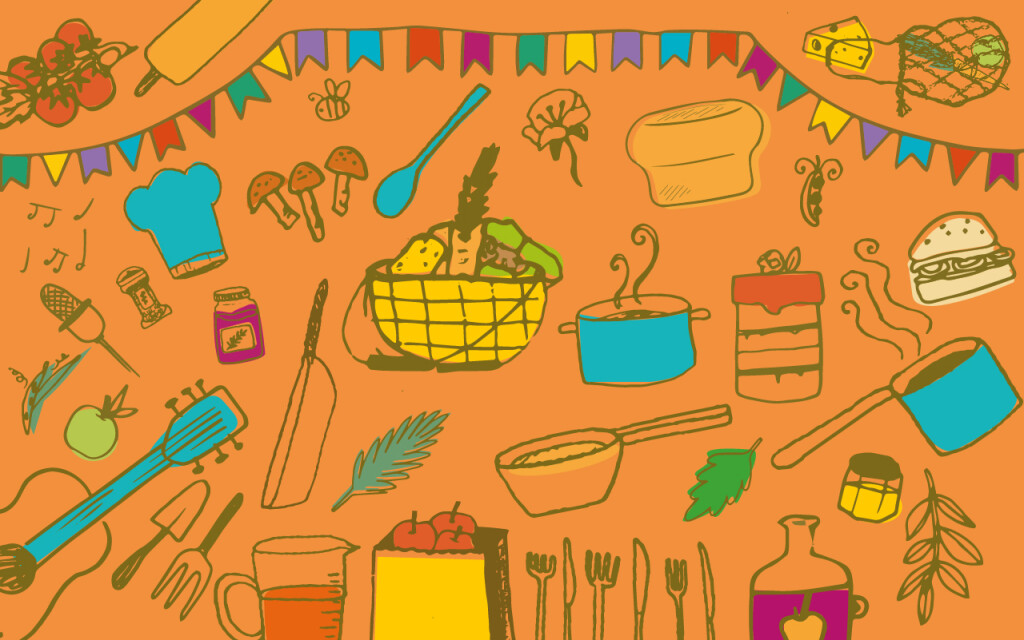Colourful food and music illustrations on an orange background