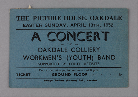 Concert ticket at Oakdale Institute in St. Fagans