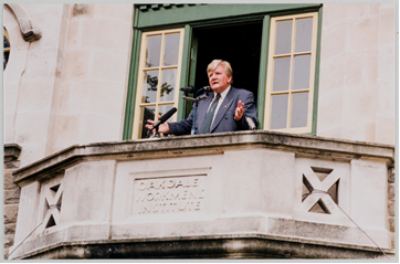 Tyrone O'Sullivan, Chairman of Tower Colliery speaking on the balcony of Oakdale at the Miners Gala Day, 6th June 1998