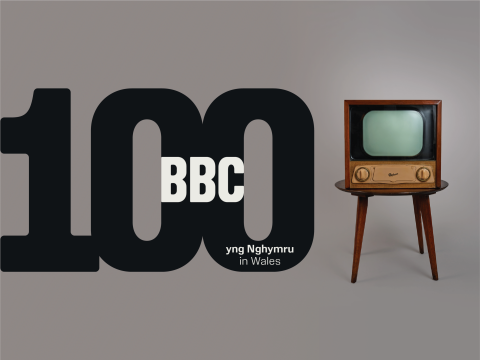 Logo for the BBC 100 in Wales exhibition, showing the title of the exhibition in large font for half the image. The other half displays a television from the 1960s.