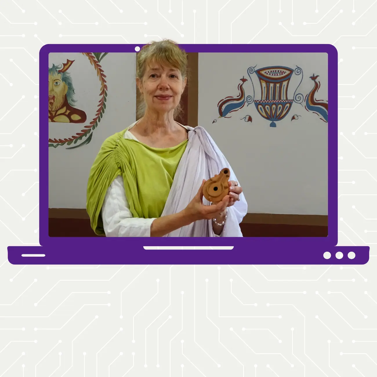Roman woman in a green dress holding a clay oil lamp