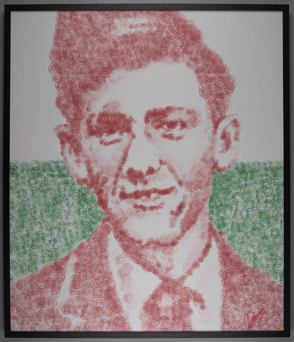 Portrait of Terrence Higgins made out of red and green heart shaped stamp 
