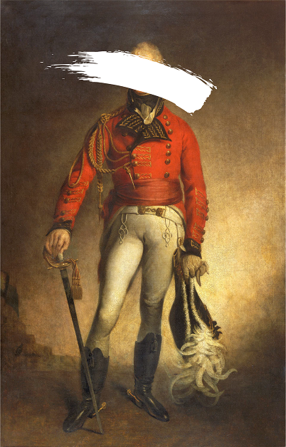 The image shows a man, Picton, dressed in 19th-century military uniform. His dress includes a bright red jacket and white trousers. Picton's face is obscured by a white paint stripe that has been photoshopped on the image