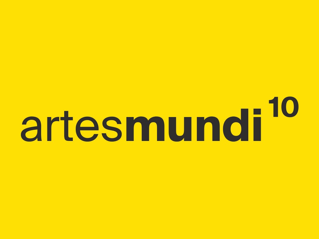 Artes Mundi logo in white text on a yellow background