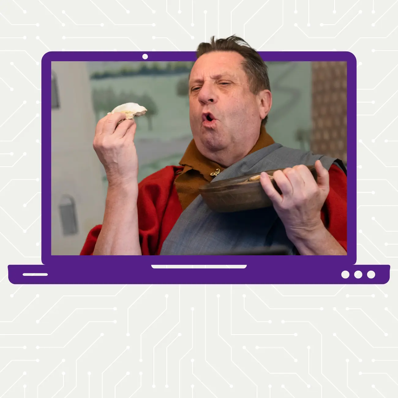 Man in a Roman outfit eating an oyster in front of a camera