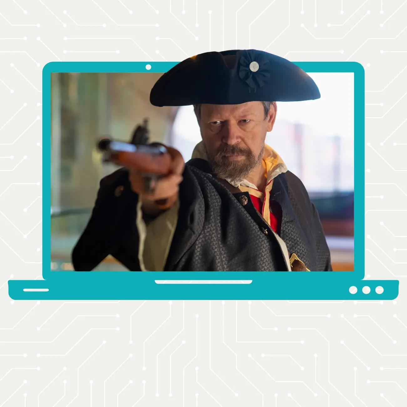 An open laptop displaying an image of a pirate holding a pistol