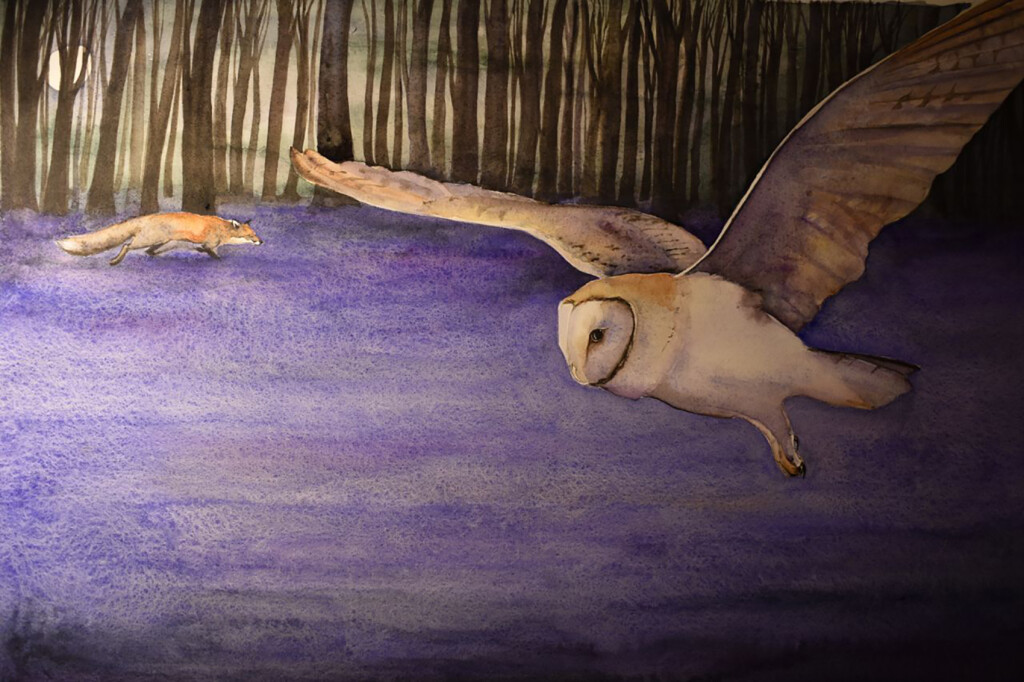 A large owl flying and a fox walking over a purple carpet with trees in background