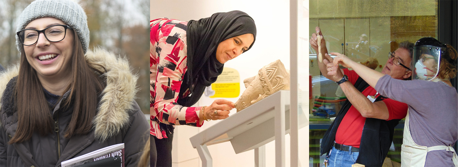 Collage of different images of individuals enjoying the museum. There's a woman smiling broadly in one photo, there's another woman looking closely at an object while the third photo include two people studying and pointing at a wooden object