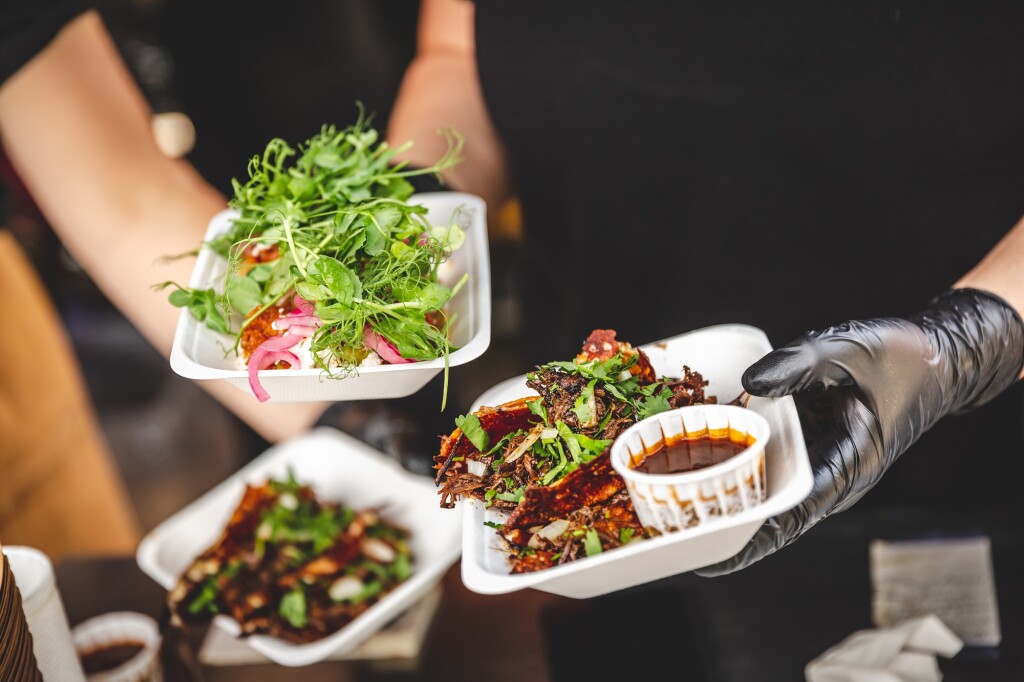 Three trays of street food 