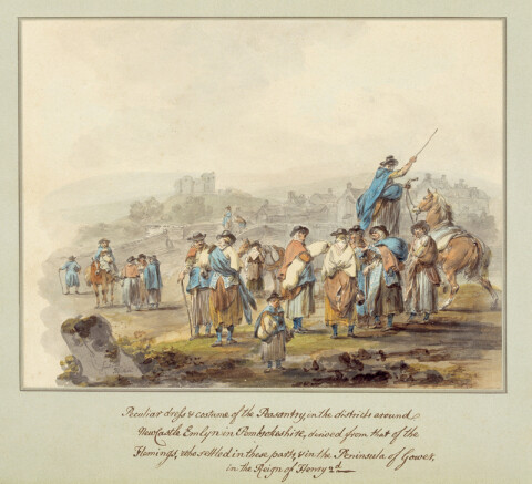 a watercolour landscape scene with a large group of 18th century working woman, children, and horses.
