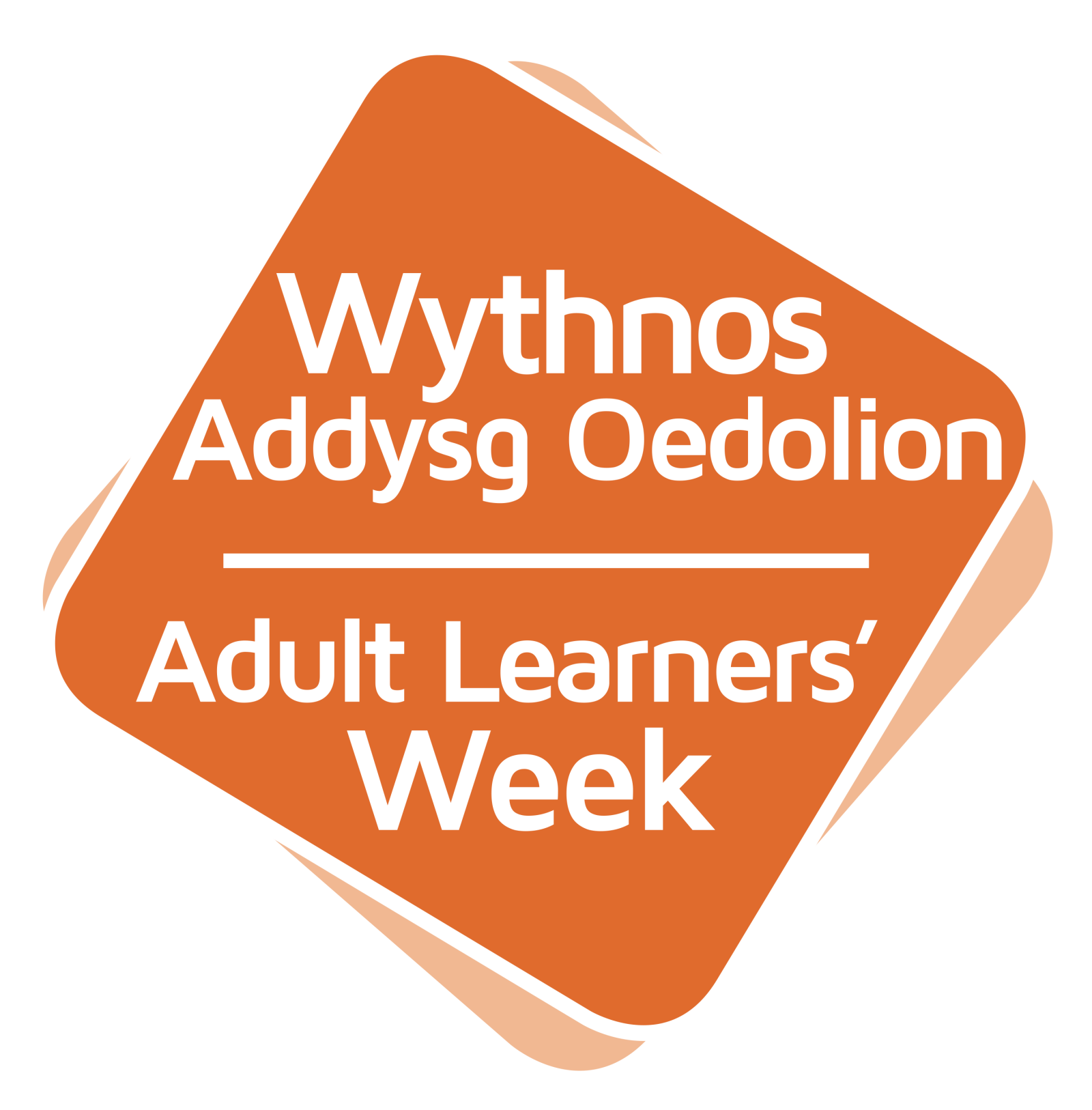 Adult Learners' Week bilingual logo.  An orange off centre diamond with curved edges with bold white text.