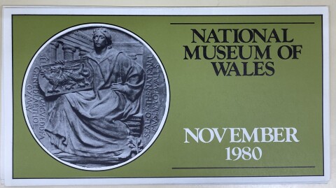 Olive green museum leaflet with black and white image of a marble fresco  of a woman holding the welsh flag and the words 