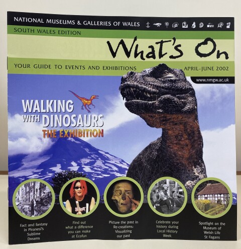 A brochure with  images  on of a large T-Rex with mountain background, various small unrelated images run along the bottom of the brochure.