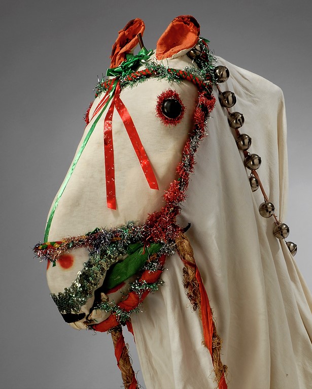 A Mari Lwyd from Amgueddfa Cymru's collections, decorated with ribbons and bells