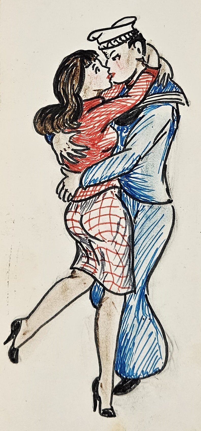 A design of a woman in a red jacket and a white and red check skirt embracing with a sailor man in a kiss