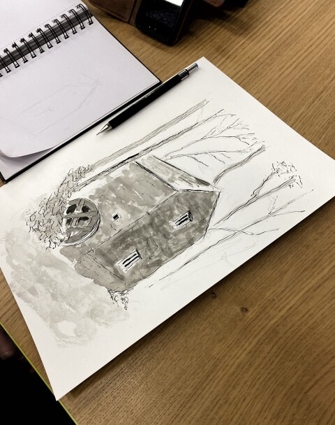 A black and white sketched drawing of the Flour Mill at St Fagans National Museum of History. 