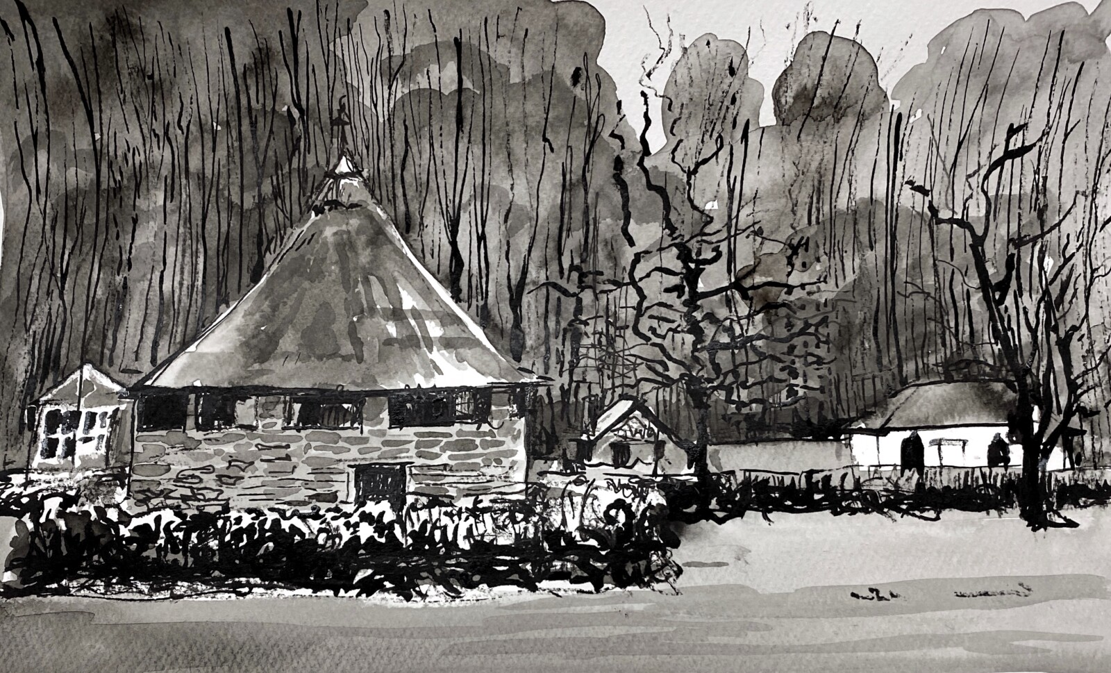 A black and white sketched drawing of the Cokcpit at St Fagans National Museum of History. 