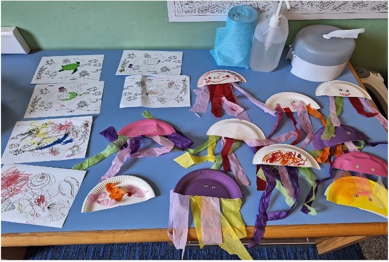 Photo of children's artwork laid out on a table