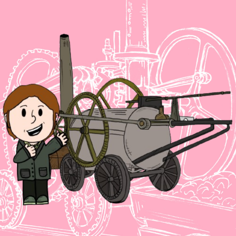 Cartoon image of Richard Trevithick and Penydarren Locomotive