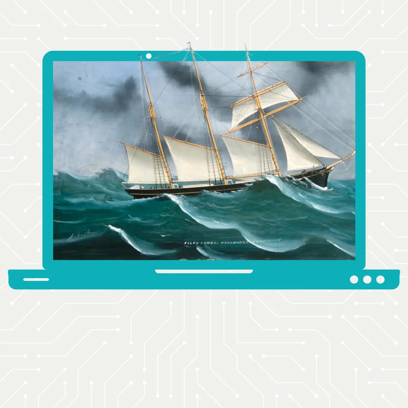 Painting of an old ship with sails on the sea