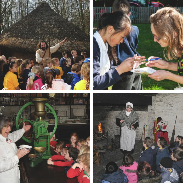 Collection of four images of school visits to St Fagans.