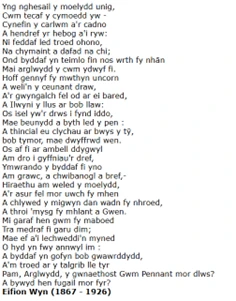 Fig 9.: ‘Cwm Pennant’ poem by Eifion Wyn - ‘Pam, Arglwydd, y gwnaethost Gwm Pennant mor dlws / A bywyd hen fugil mor fyr?’ Read during Nicole’s workshop.