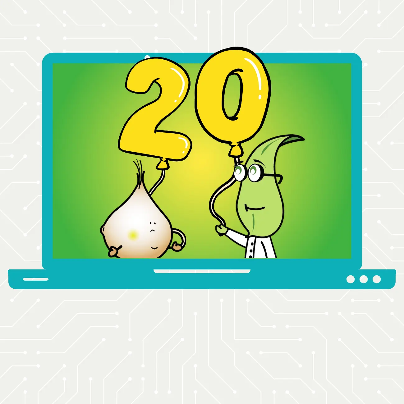 Cartoon plant and bulb holding a 20 shaped balloon