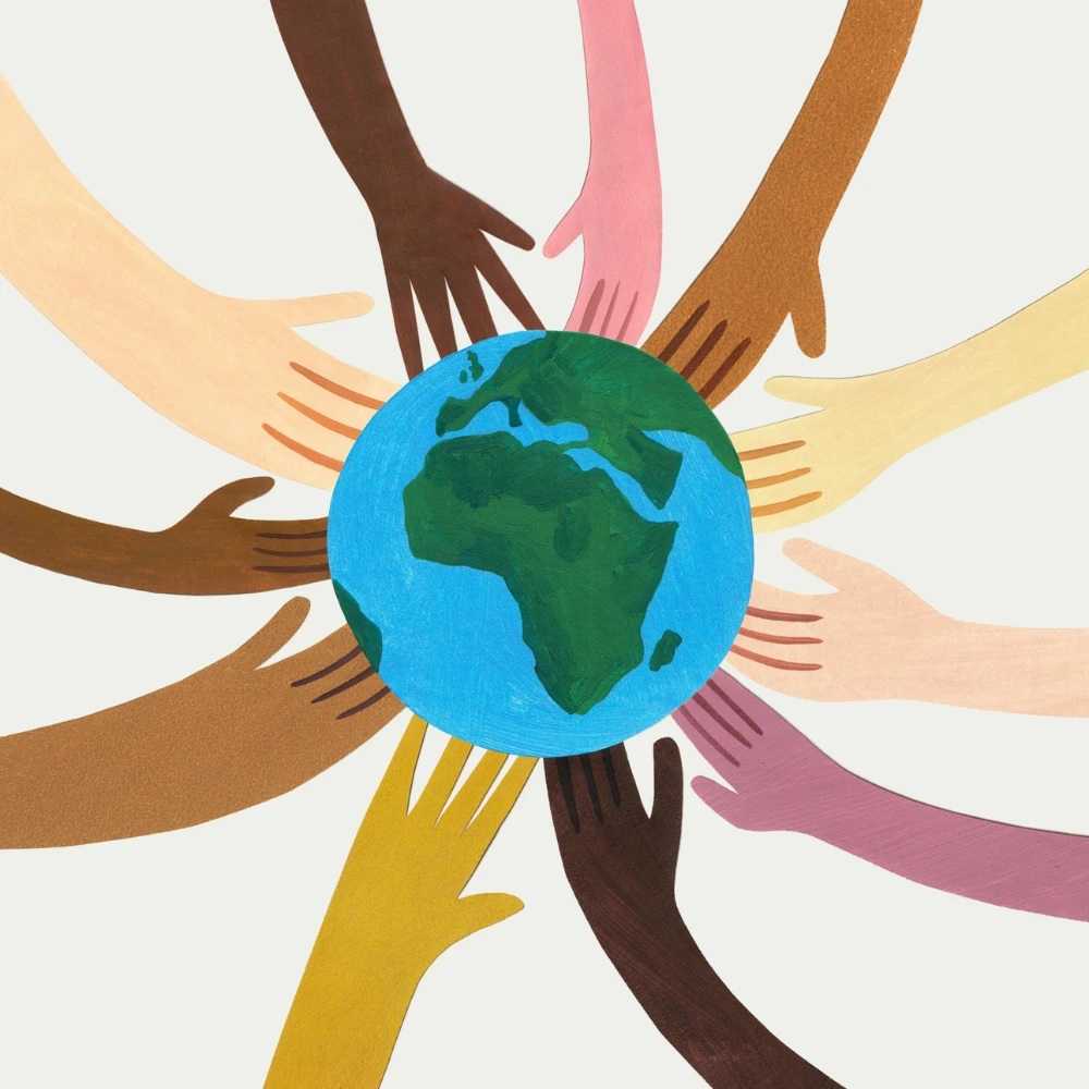 Illustration of lots of hands holding planet Earth