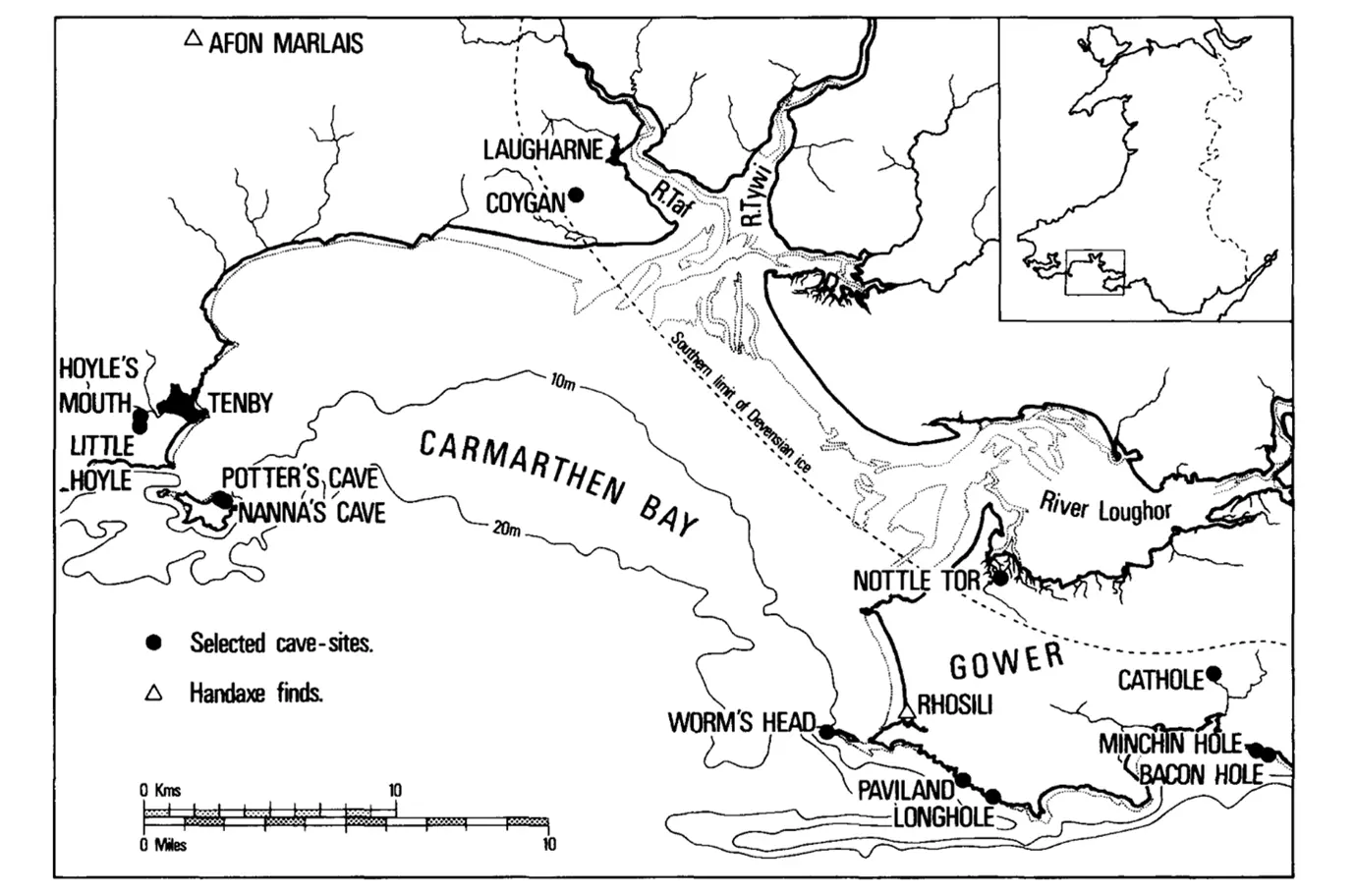 A map showing location of Coygan Cave in relation to a few other prehistoric sites and finds.