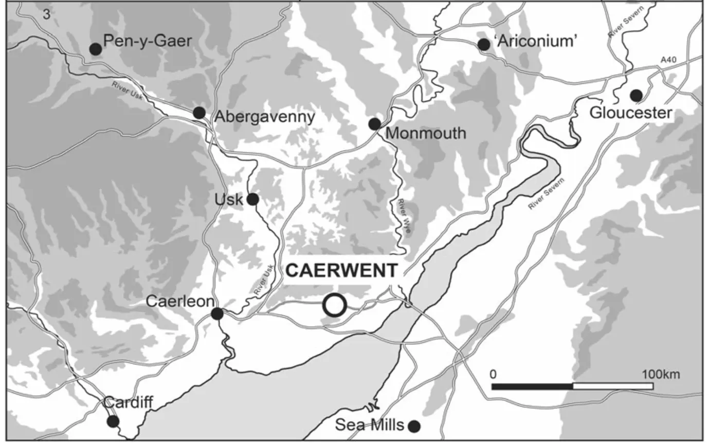 A map detailing the location of Venta Silurum at Caerwent in relation to some nearby Roman settlements.