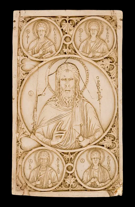 Replica of a medieval ivory carving depicting SS Philip, Stephen, Andrew, and Thomas, and in the centre St John the Baptist.