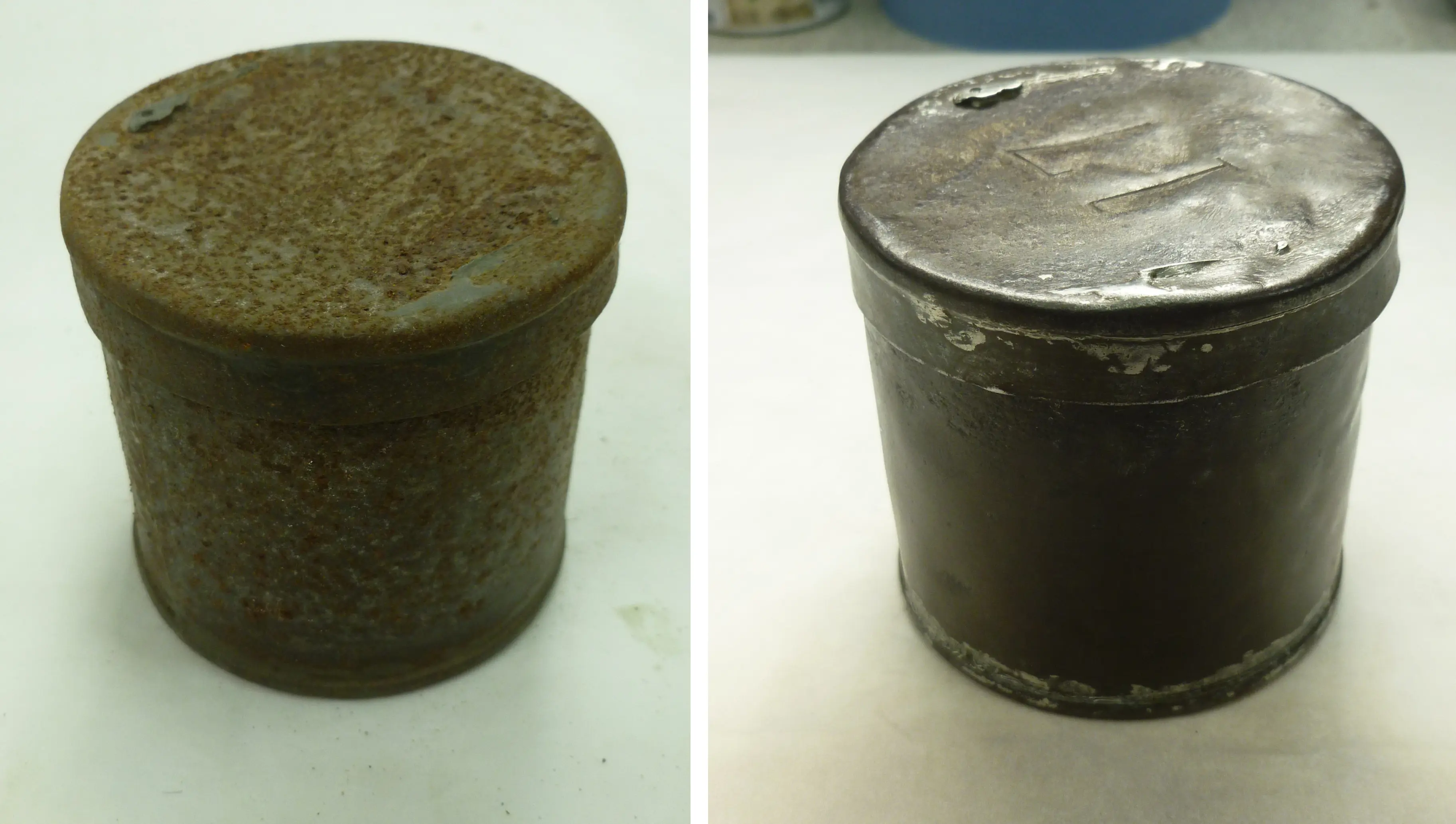 two small metal tins showing before and after conservation work