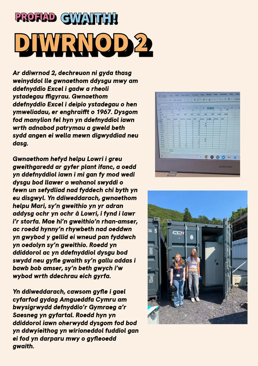 Text describing what work experience students did on their second day. 