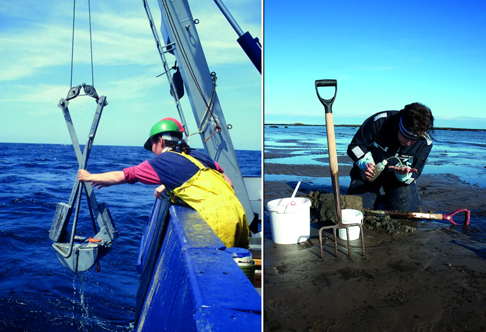 Two photographs side by side showing two people collecting marine samples, one from a boat and one on a muddy shore.