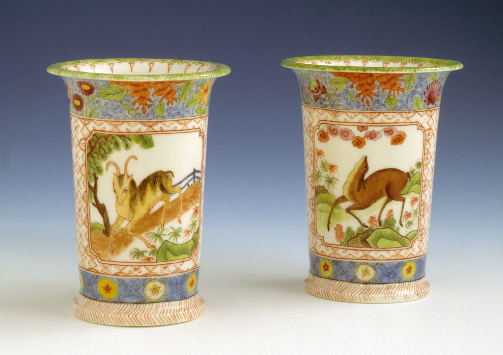 Swansea China Works, pair of porcelain spill vases painted by Mary Moggridge, 1819