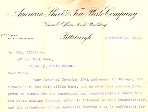 Letter to John Williams from an American tinplate manufacturer