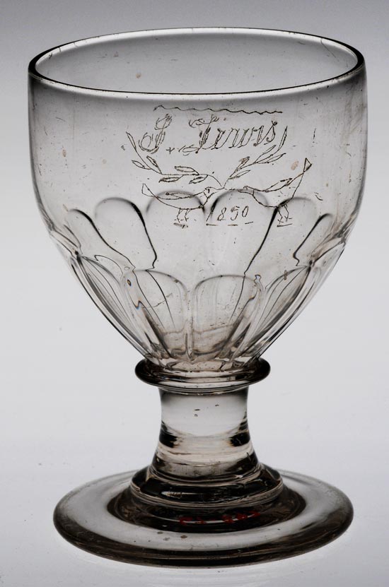 Glass rummer from Pontypridd, inscribed with an image of fighting cocks