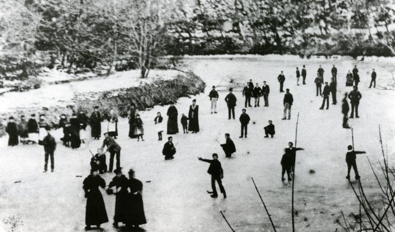 Villagers skating on the frozen Teifi during the cold winter of 1891