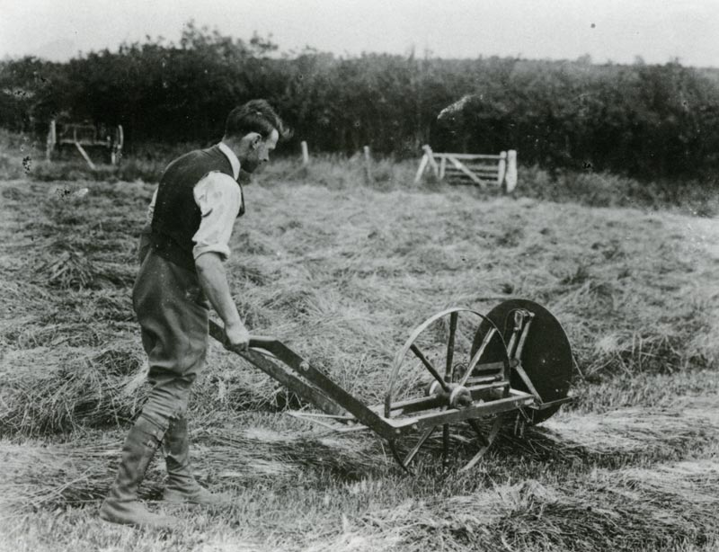 An ingenious manually-operated hay-turning machine invented by local farmer, Arthur John Davies, Penwenallt.
